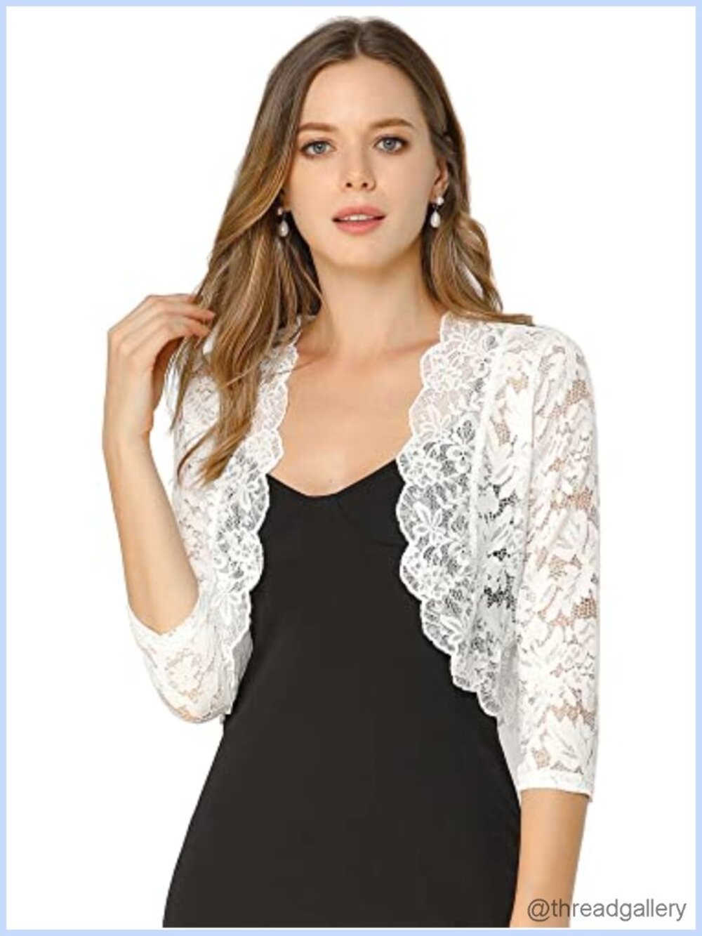 Elegant Sheer Floral Lace Shrug Top 3/4 Sleeve Open Front Bolero